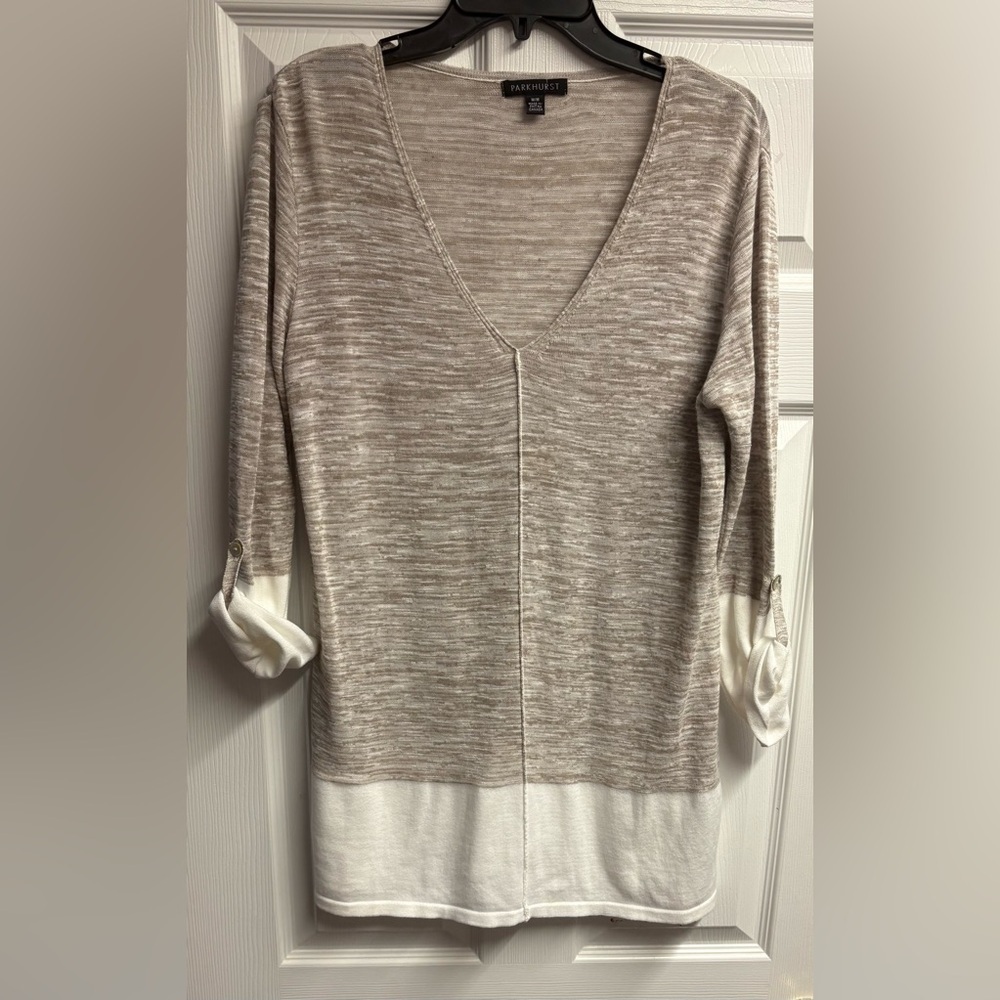 PARKHURST V-Neck Linen/Viscose/Cotton Two-Tone Tunic Top Size Medium